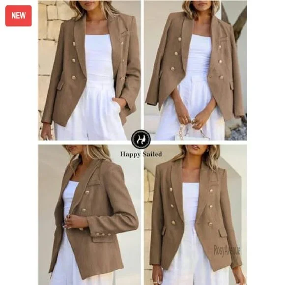 Tweed Blazer Double Breasted Long Sleeve Open Front Work Office - Picture 7 of 8